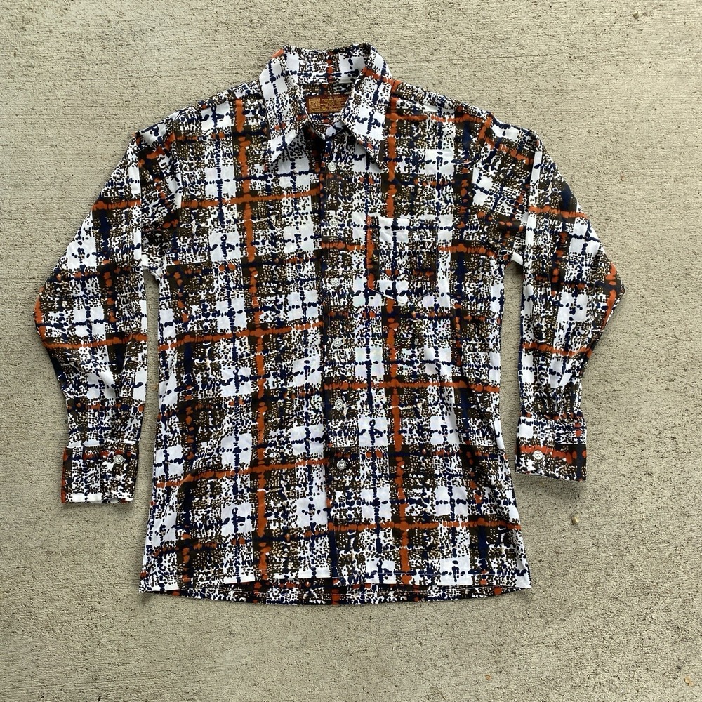 Vintage 70s Sears King Road Disco Shirt Large Abstract Print 100% Nylon Boogie